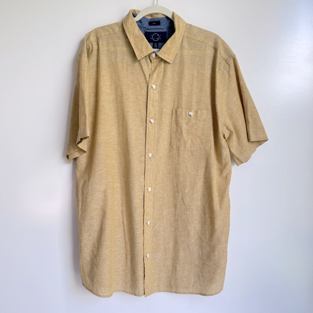 EVEN TIDE Men’s XXL Button Down Short Sleeve‎ Yellow Shirt Linen Cotton NEW TAGS